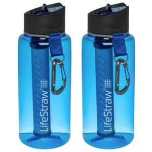 Two blue LifeStraw water bottles with built-in filters and black caps, each featuring a blue carrying strap with a carabiner.