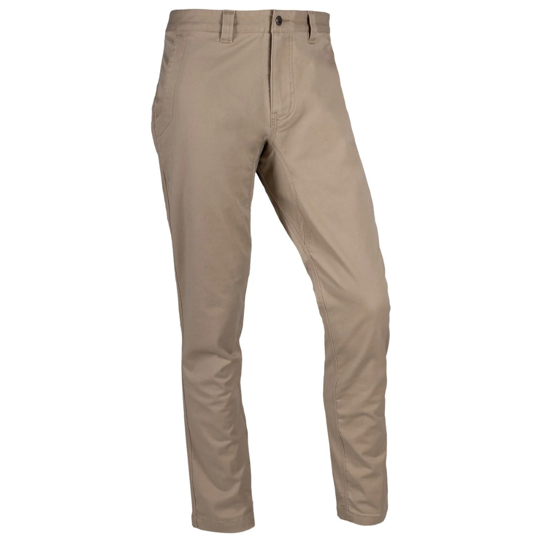 Khaki-colored chinos with belt loops, a button closure, and side pockets.
