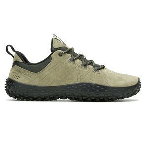A Merrell hiking shoe with a tan suede upper, black rugged sole, and green and black laces, featuring a pull loop at the heel.