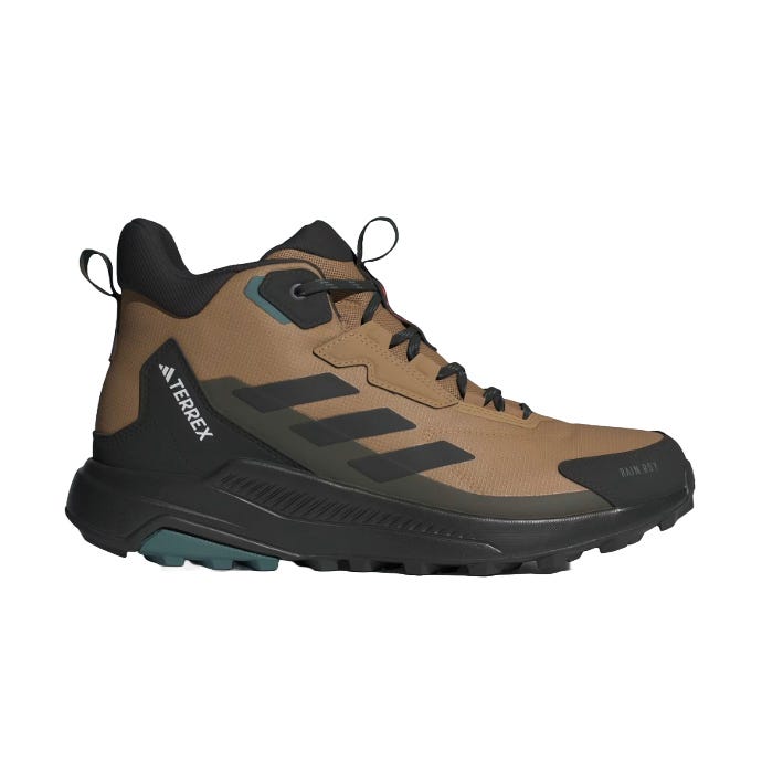 A brown Adidas Terrex hiking boot with black accents, featuring the Rain.RDY technology for water resistance and a durable sole.