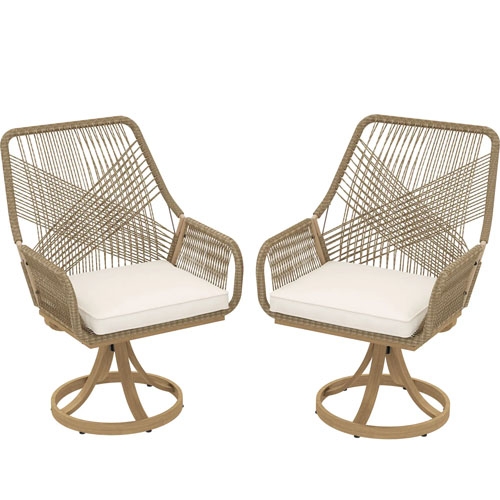 Two boho patio swivel chairs featuring tan woven rope frames with a geometric design and white cushioned seats on circular swivel bases.