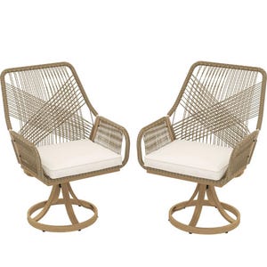 Two boho patio swivel chairs featuring tan woven rope frames with a geometric design and white cushioned seats on circular swivel bases.