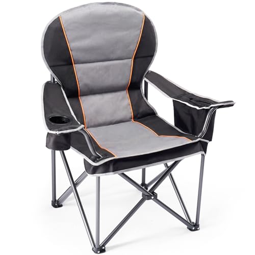 Folding camping chair with a gray and black design, featuring orange accents. It includes armrests, one with a cup holder, and sturdy metal legs for outdoor use.