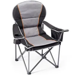 Folding camping chair with a gray and black design, featuring orange accents. It includes armrests, one with a cup holder, and sturdy metal legs for outdoor use.