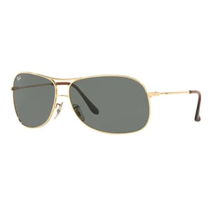 Classic Ray-Ban Aviator sunglasses with gold metal frames and dark green lenses, featuring a double bridge and thin arms with curved ends for comfort.