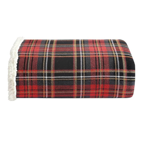 A plaid blanket with a red, black, and yellow pattern, featuring a soft white sherpa lining.
