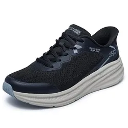 Black Skechers Slip-Ins athletic shoe featuring a breathable mesh upper, lace-up design, and a white, cushioned sole for comfort.