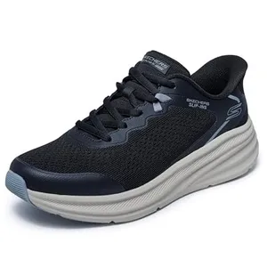 Black Skechers Slip-Ins athletic shoe featuring a breathable mesh upper, lace-up design, and a white, cushioned sole for comfort.