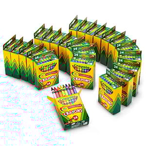 A collection of Crayola crayon boxes, each containing 24 different colored crayons, is displayed with one box open to show the crayons inside.