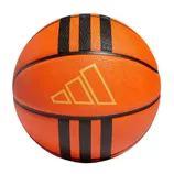 An orange basketball featuring black stripes and an Adidas logo in yellow.
