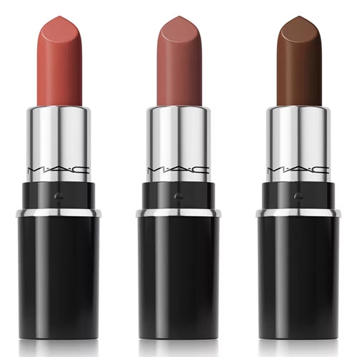Three MAC lipsticks in varying shades from light to deep brown, with silver and black packaging, are displayed side by side.