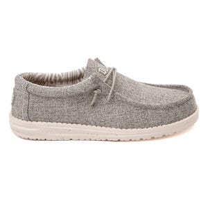 A single gray, textured slip-on casual shoe with laces and a white sole.