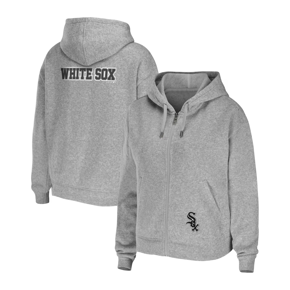 Gray zip-up hoodie featuring \“WHITE SOX\“ text on the back and the team's logo on the front pocket area; includes a drawstring hood and front pockets.