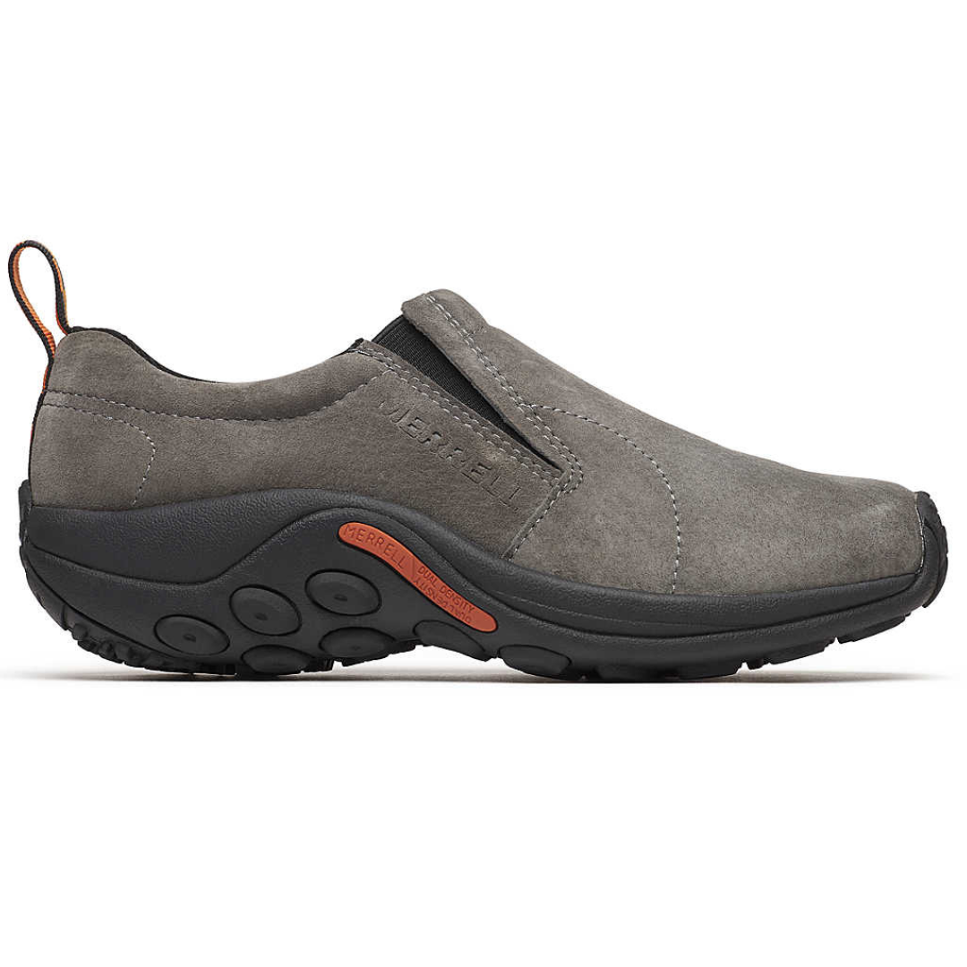 Gray slip-on shoe with black sole and orange accents, featuring a rugged design and elastic side panels.