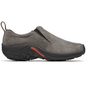 Gray slip-on shoe with black sole and orange accents, featuring a rugged design and elastic side panels.