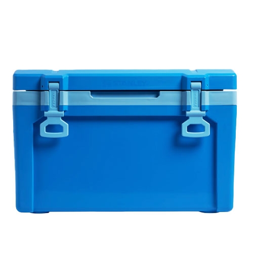 Stanley 50qt Outdoor Cooler in bright blue, featuring sturdy dual latches, a robust handle, and a spacious insulated interior for keeping items cold during outdoor activities.