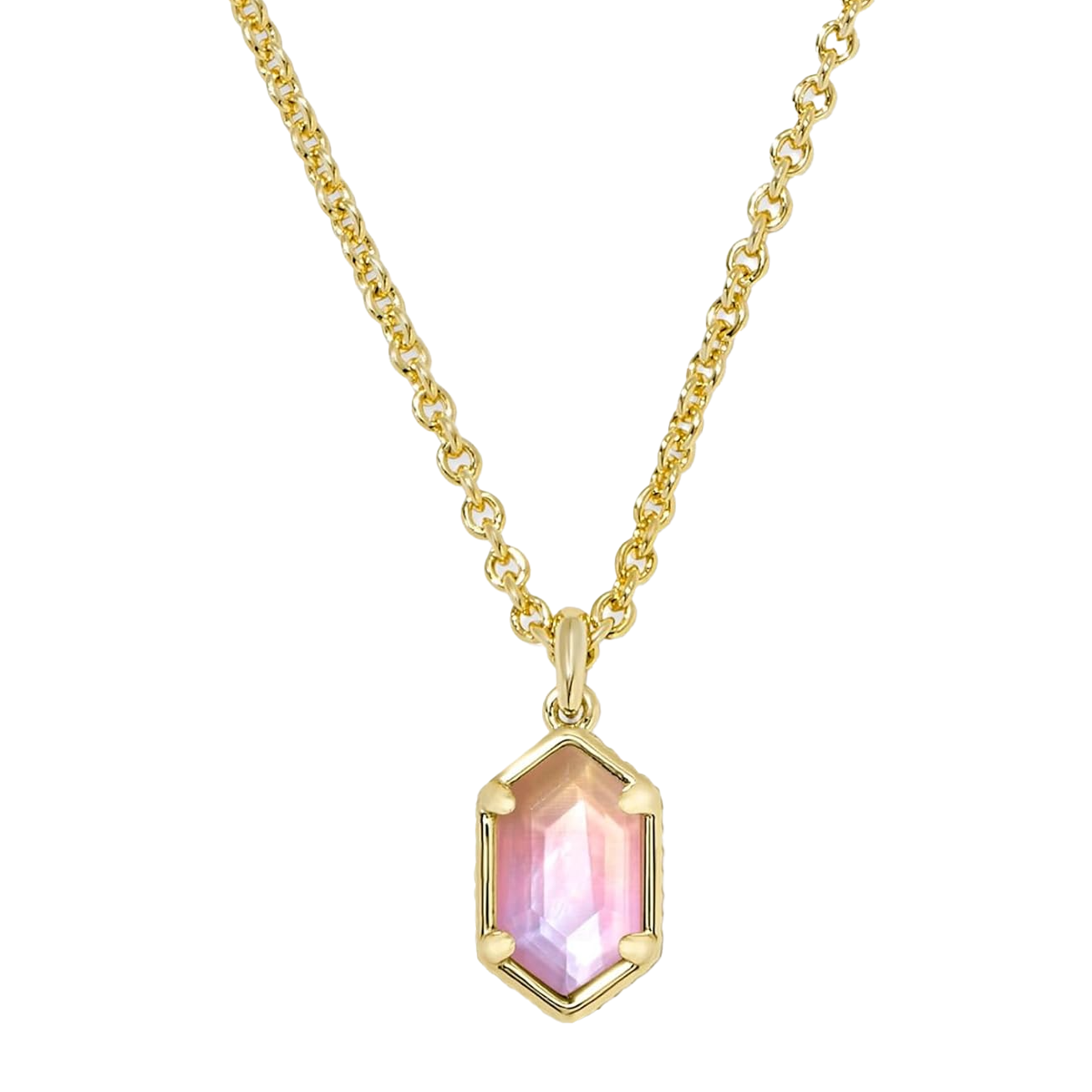 Gold chain necklace with a hexagonal pendant featuring a faceted, iridescent pink stone set in gold prongs.