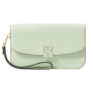 A light green Kate Spade flap wristlet with a sleek design features a gold-tone logo clasp and a detachable wrist strap for versatile carrying.