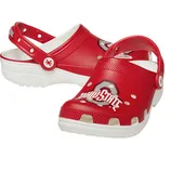 Red clogs featuring \“Ohio State\“ branding with adjustable straps and Ohio State-themed embellishments.