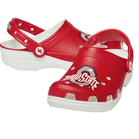 Red clogs featuring \“Ohio State\“ branding with adjustable straps and Ohio State-themed embellishments.