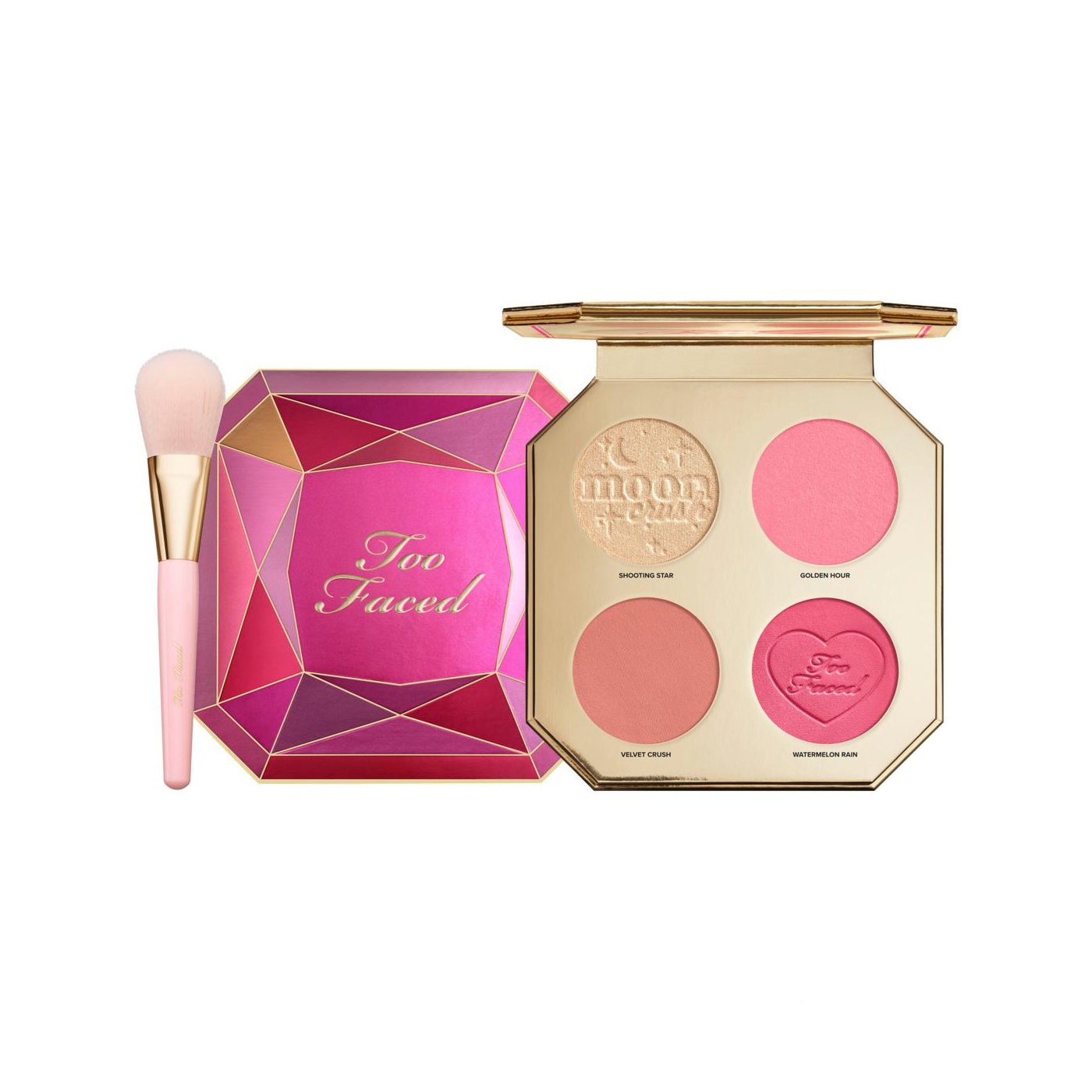 Too Faced Blush & Highlighter set includes a brush and four shades: Shooting Star, Golden Hour, Velvet Crush, and Watermelon Rain, in a pink and gold geometric case.