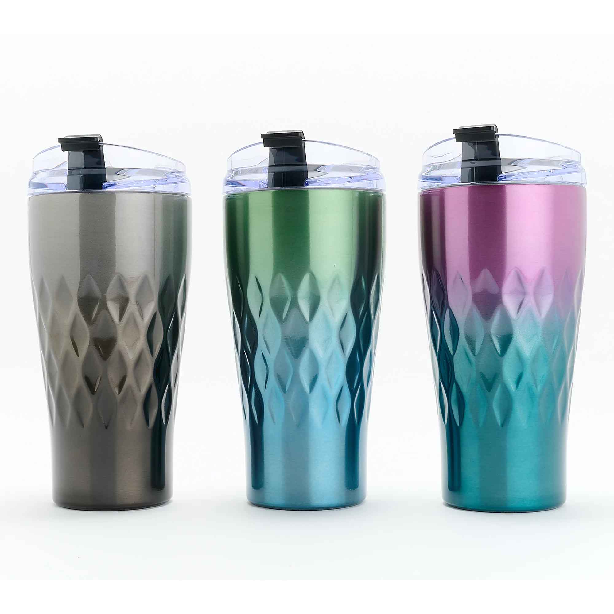 Three insulated tumblers with diamond-shaped patterns and ombre color gradients: one gray, one green-to-blue, and one pink-to-blue, each with a transparent lid and black flip-top spout.