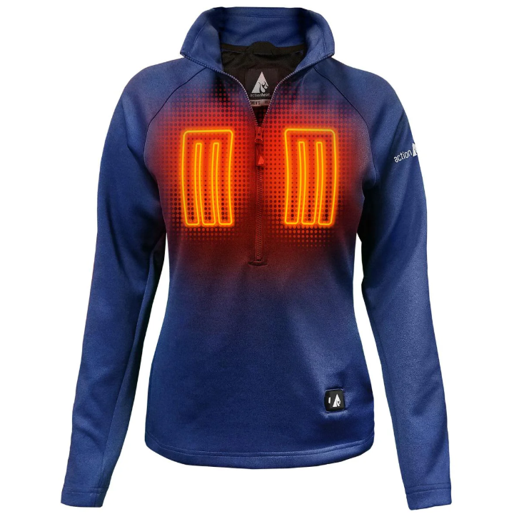 A blue heated jacket with visible red heating elements on the chest, featuring a half-zip front and long sleeves.