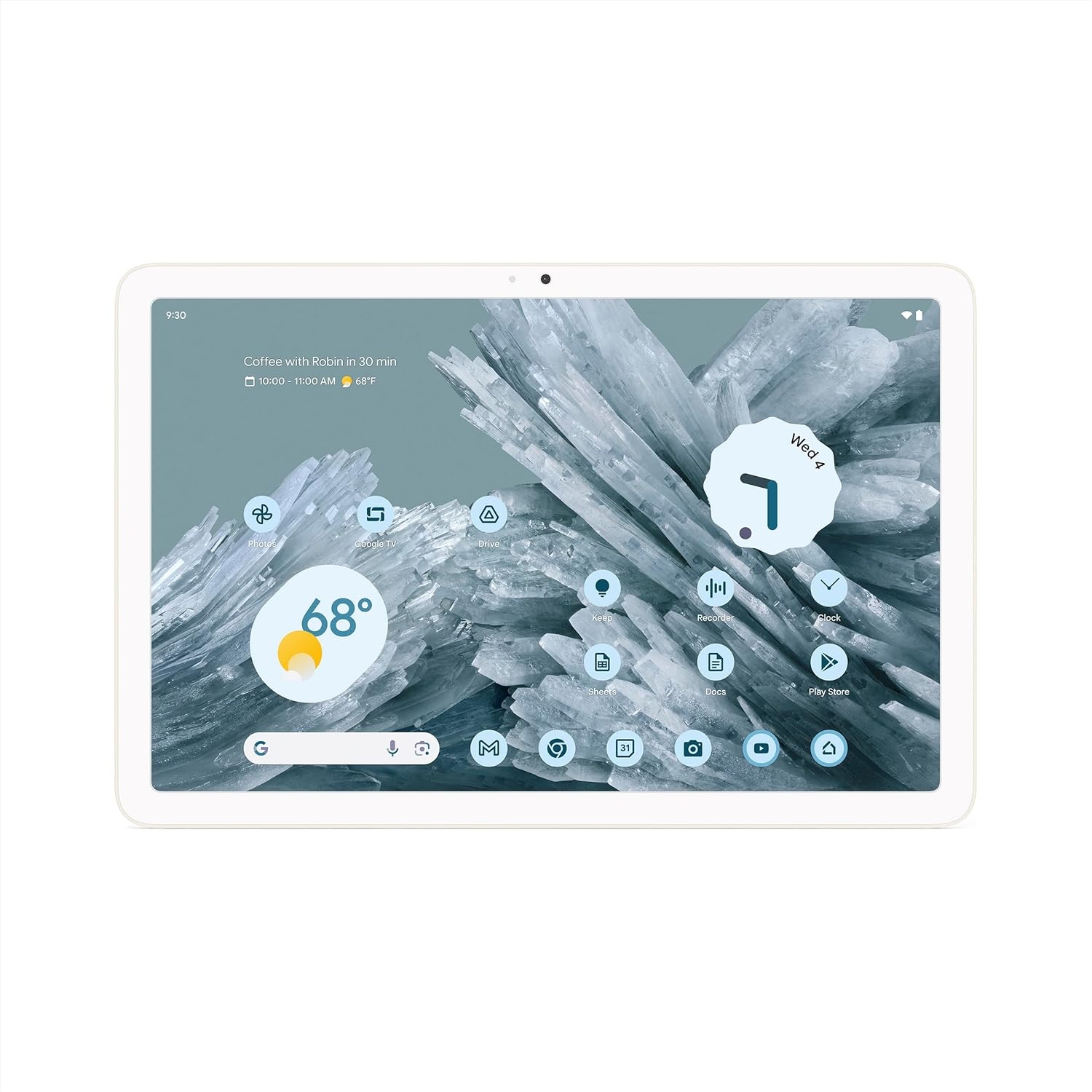 A white Google Pixel Tablet with a slim design is displayed, featuring a minimalist user interface with various app icons and widgets on the screen.