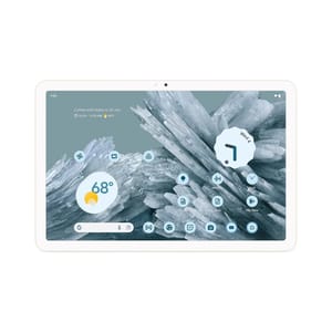 A white Google Pixel Tablet with a slim design is displayed, featuring a minimalist user interface with various app icons and widgets on the screen.