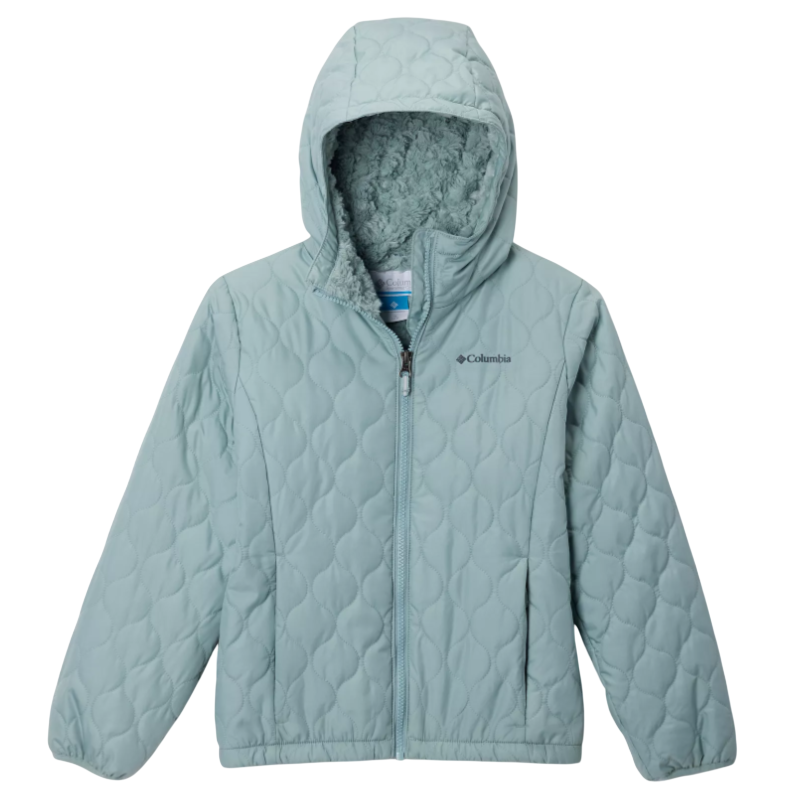 A light blue quilted jacket with a hood and soft, furry lining on the inside. It features a front zipper closure and the brand logo on the chest.