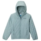 A light blue quilted jacket with a hood and soft, furry lining on the inside. It features a front zipper closure and the brand logo on the chest.