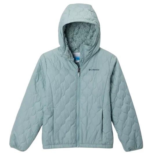 A light blue quilted jacket with a hood and soft, furry lining on the inside. It features a front zipper closure and the brand logo on the chest.
