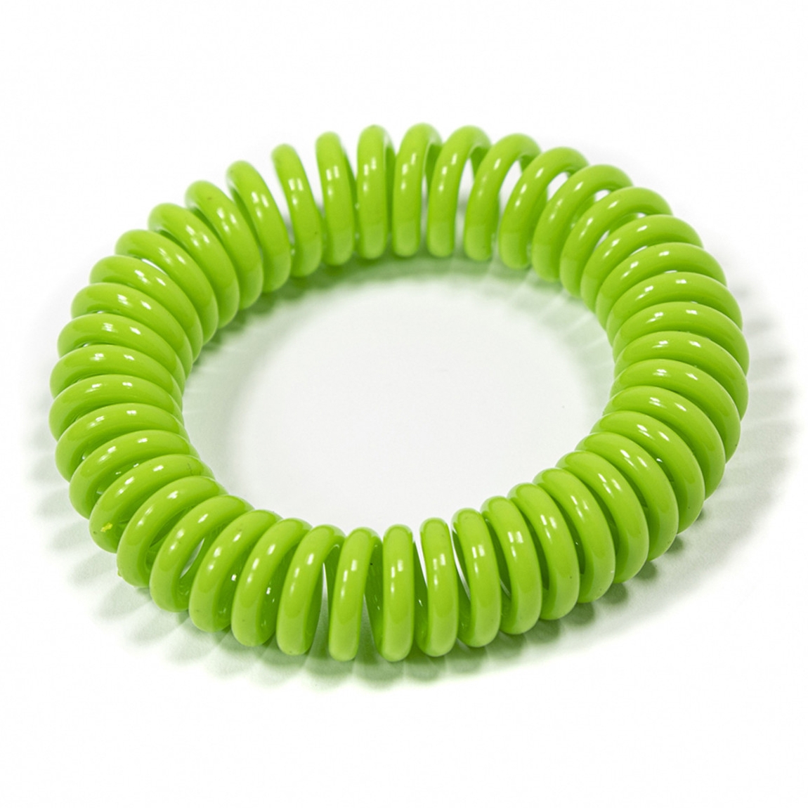 A bright green, coil-style bracelet, designed to repel mosquitoes. These bracelets are typically made from silicone and infused with natural oils.