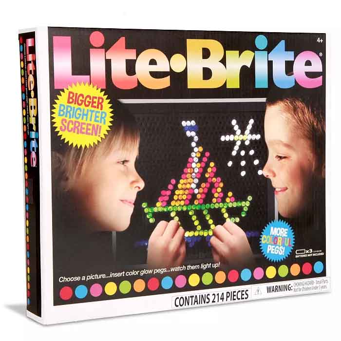 Lite Brite Ultimate Classic is a toy for ages 4+ with a bigger, brighter screen featuring 214 pieces. It allows users to create glowing designs using colorful pegs on a black pegboard, encouraging creativity and providing a visually illuminated experience.