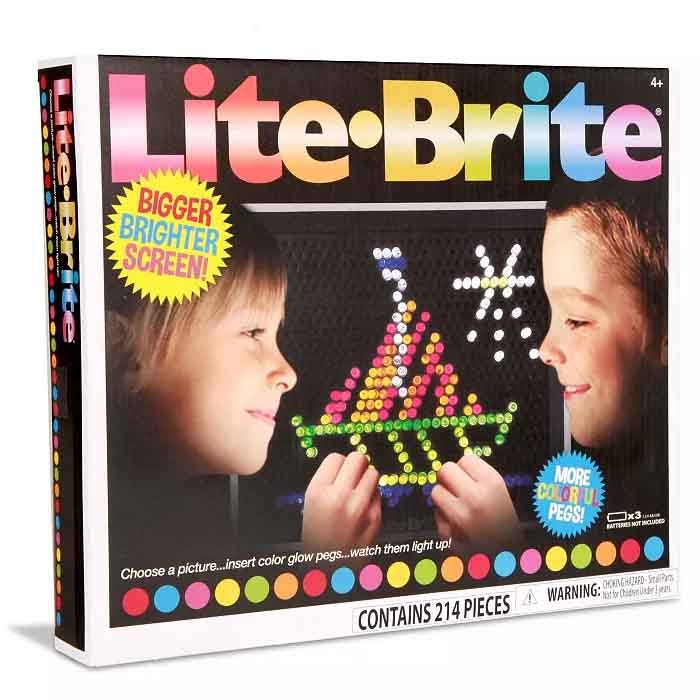 Lite Brite Ultimate Classic is a toy for ages 4+ with a bigger, brighter screen featuring 214 pieces. It allows users to create glowing designs using colorful pegs on a black pegboard, encouraging creativity and providing a visually illuminated experience.