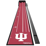 Golf putting mat featuring a red surface with white lines for alignment, marked in feet up to 8 feet, and displaying a stylized \“IU\“ logo at the bottom. Comes with a ball return feature.
