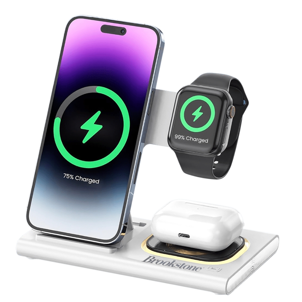 Two foldable charging stands with spaces to simultaneously charge a smartphone, smartwatch, and wireless earbuds. One stand has devices on it displaying charging status.