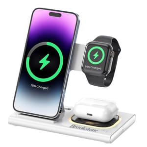 Two foldable charging stands with spaces to simultaneously charge a smartphone, smartwatch, and wireless earbuds. One stand has devices on it displaying charging status.