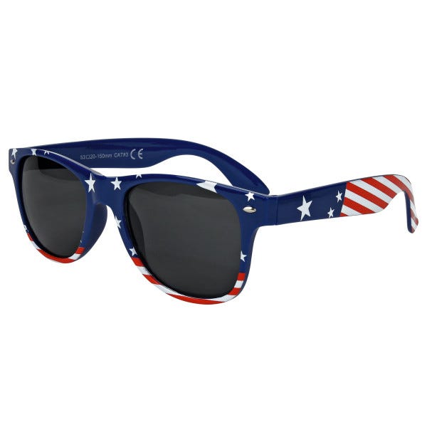 Blue sunglasses with a stars-and-stripes pattern, featuring dark tinted lenses and a classic frame style.