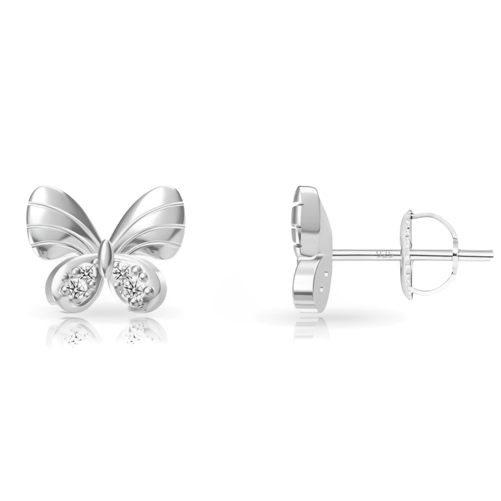 Silver butterfly-shaped earrings with small diamond accents, featuring a detailed wing design and stud backing.