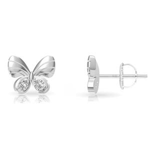 Silver butterfly-shaped earrings with small diamond accents, featuring a detailed wing design and stud backing.