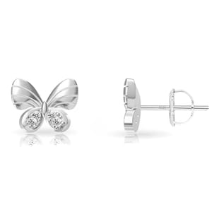 Silver butterfly-shaped earrings with small diamond accents, featuring a detailed wing design and stud backing.