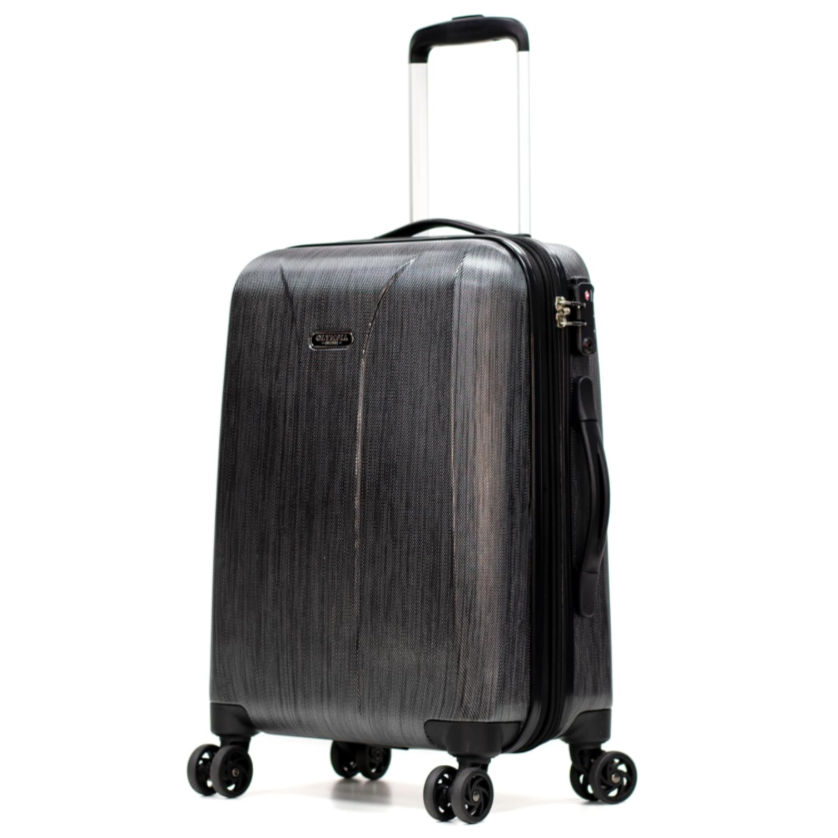 A black hardshell suitcase with four multi-directional spinner wheels, a telescopic handle, and a built-in TSA lock, designed for travel.