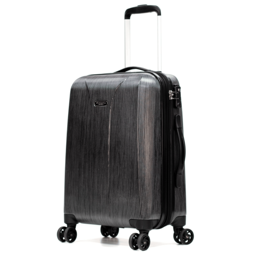 A black hardshell suitcase with four multi-directional spinner wheels, a telescopic handle, and a built-in TSA lock, designed for travel.