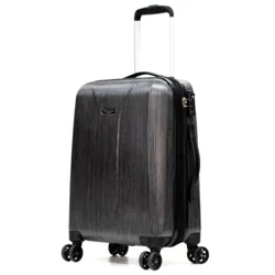 A black hardshell suitcase with four multi-directional spinner wheels, a telescopic handle, and a built-in TSA lock, designed for travel.