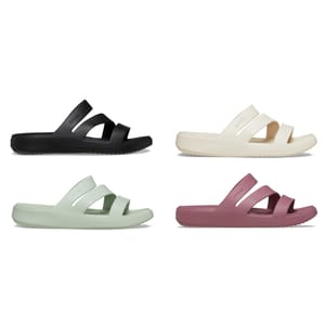 Four pairs of slide sandals in black, cream, mint green, and mauve colors, displayed against a white background.