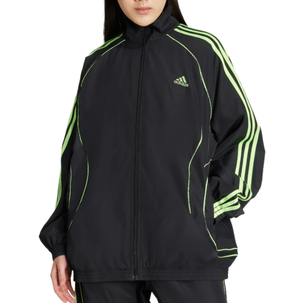 A black Adidas track jacket featuring lime green stripes and details, with a zipper closure and elastic cuffs.