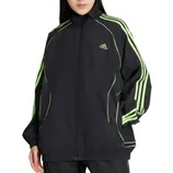A black Adidas track jacket featuring lime green stripes and details, with a zipper closure and elastic cuffs.