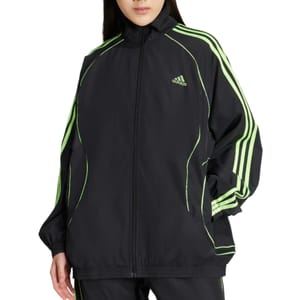 A black Adidas track jacket featuring lime green stripes and details, with a zipper closure and elastic cuffs.
