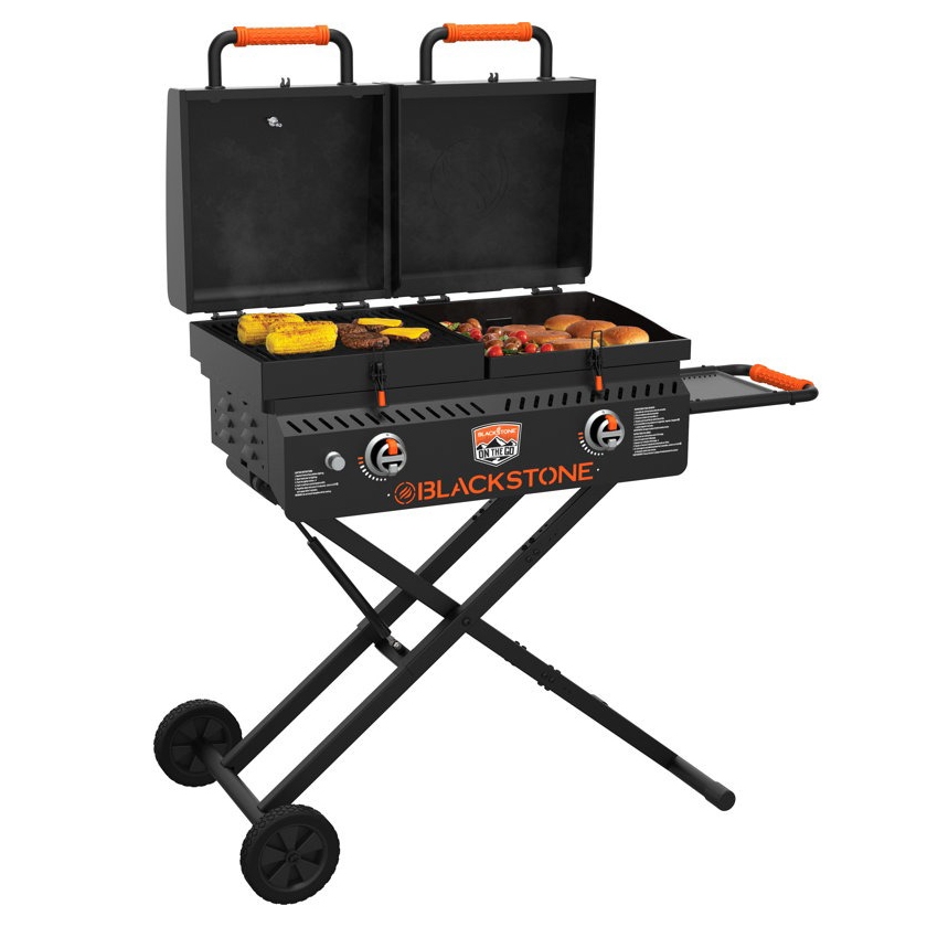 A portable Blackstone grill with a collapsible design, dual burners, and attached side shelves, featuring various foods being cooked.